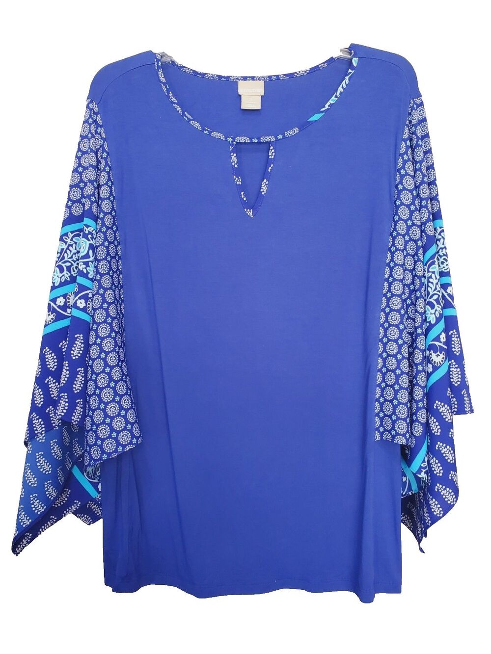 Chico's Blue Mixed Media Kimono Sleeve Keyhole Neck Top Size 3 (XL)